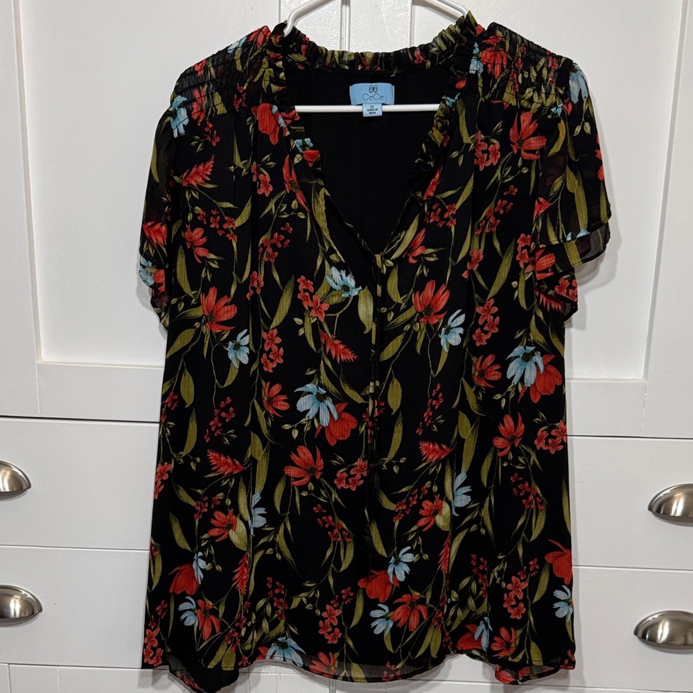 CeCe Black Floral Blouse with Red and Green Accents